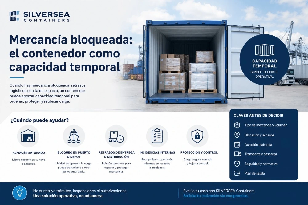 Infografía sobre uso de contenedor como capacidad temporal para mercancía bloqueada en puerto, almacén saturado o retrasos logísticos