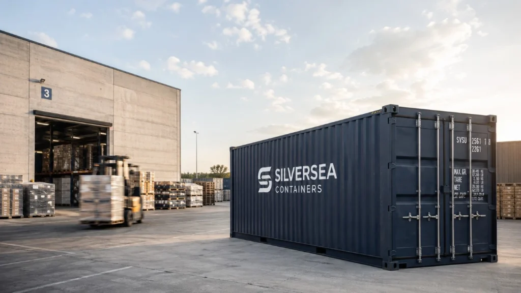 Contenedor de SILVERSEA Containers en una instalación logística, preparado para una operación de alquiler y posible traslado