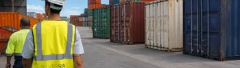 Dos especialistas de SILVERSEA Containers revisan distintas unidades en un depósito para una compra recurrente de contenedores.