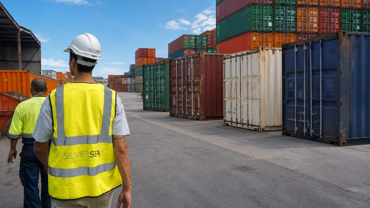 Dos especialistas de SILVERSEA Containers revisan distintas unidades en un depósito para una compra recurrente de contenedores.