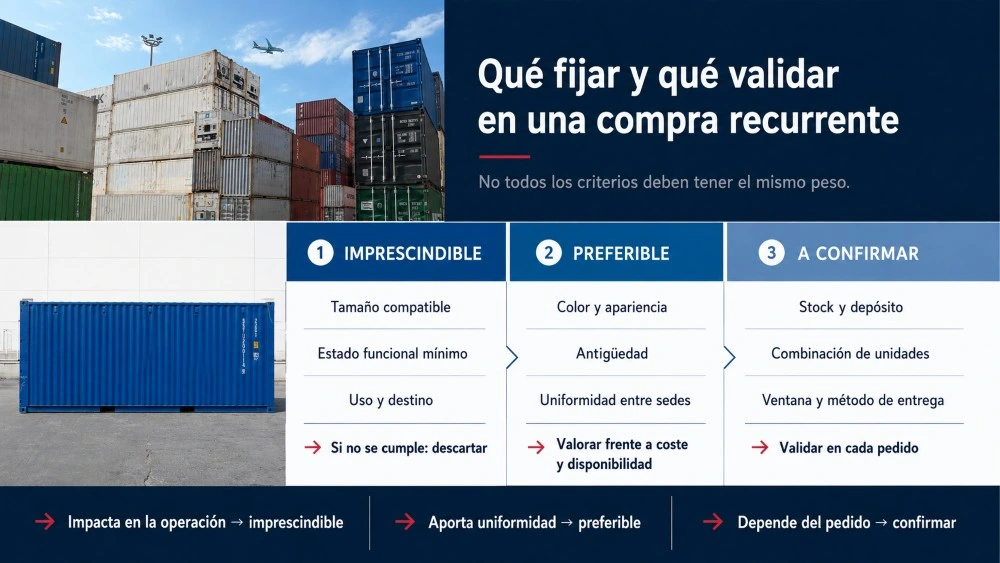 Matriz para clasificar requisitos imprescindibles, preferibles y por confirmar en la compra recurrente de contenedores.