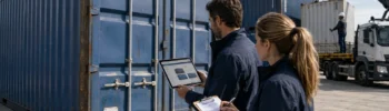 Profesionales revisando el estado, las medidas y la entrega de un contenedor marítimo antes de comprarlo online en España