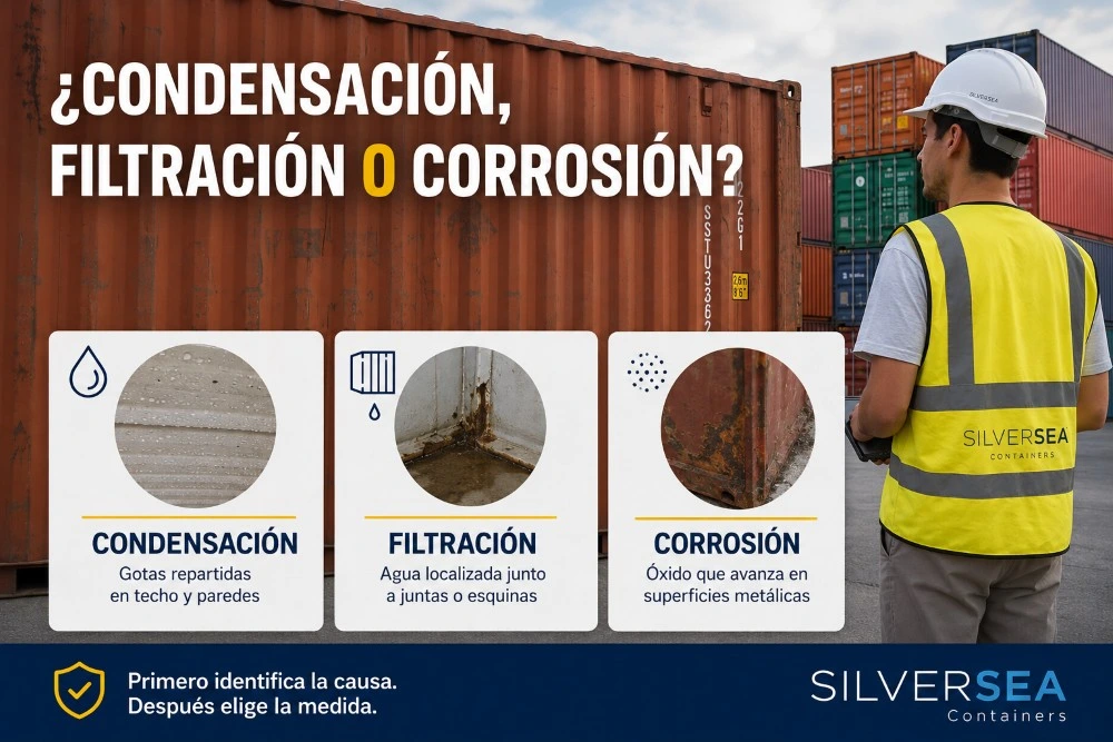 Infografía de SILVERSEA Containers para distinguir condensación, filtración y corrosión en un contenedor marítimo.