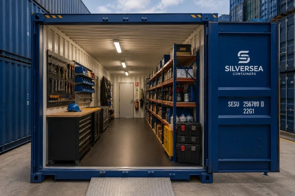 Contenedor de almacenaje SILVERSEA Containers organizado para acceso frecuente, con pasillo interior despejado y estanterías laterales
