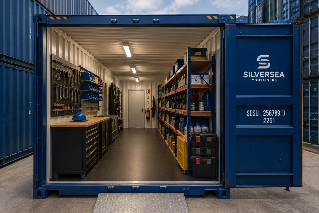 Contenedor de almacenaje SILVERSEA Containers organizado para acceso frecuente, con pasillo interior despejado y estanterías laterales