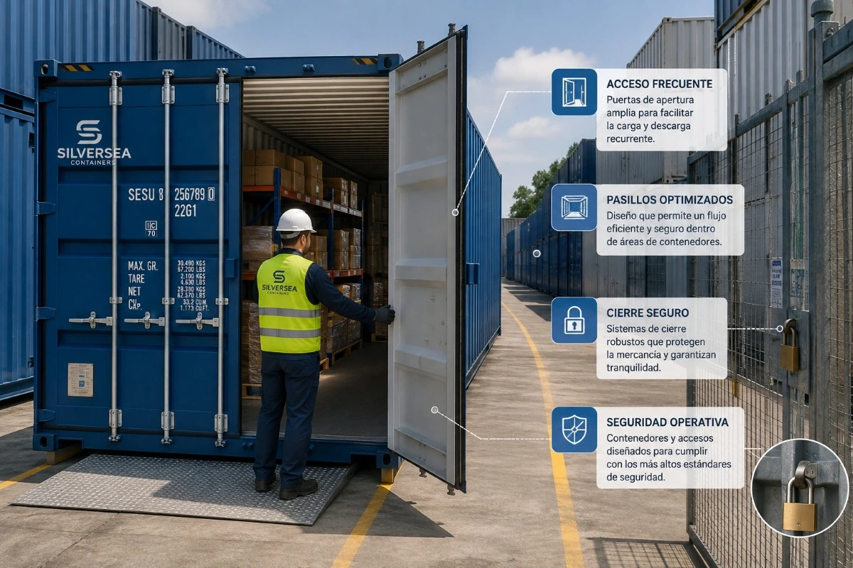 Contenedor de almacenaje SILVERSEA Containers con acceso frecuente, pasillo despejado y medidas de seguridad operativa