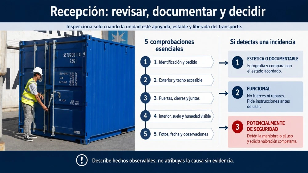 Infografía con cinco comprobaciones para inspeccionar un contenedor en la entrega y clasificar las posibles incidencias.