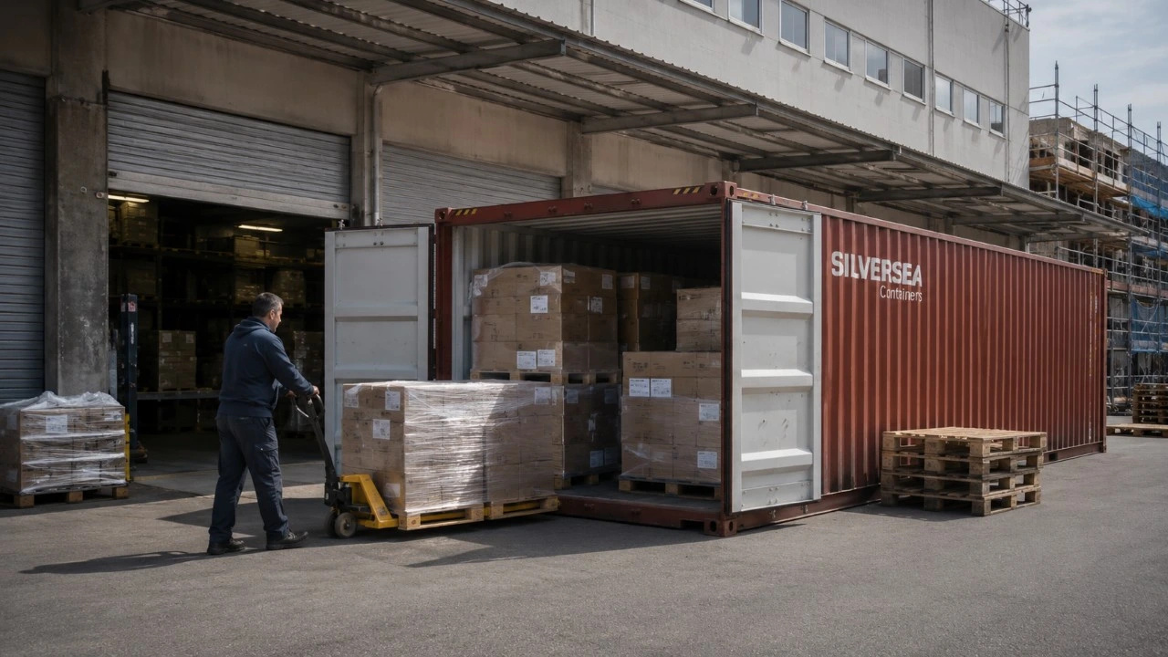 Contenedor de almacenaje temporal SILVERSEA Containers junto a una nave industrial durante una reforma o mudanza, con palés y mercancía en traslado