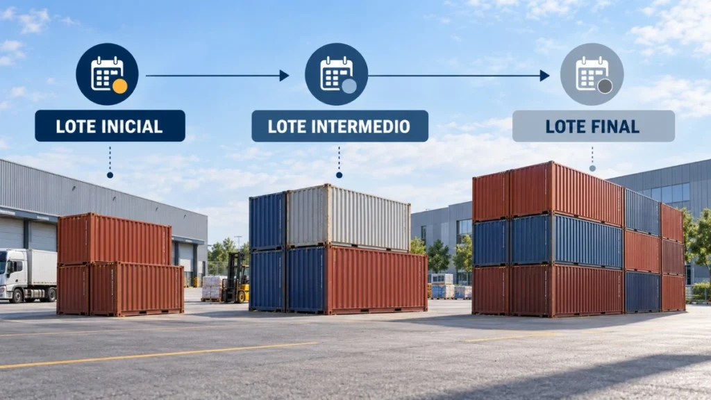 Compra de contenedores con entrega escalonada dividida en lote inicial, intermedio y final.