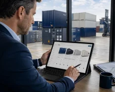 Profesional revisando el catálogo online de contenedores de SILVERSEA Containers antes de cotizar una unidad según tipo, tamaño y estado