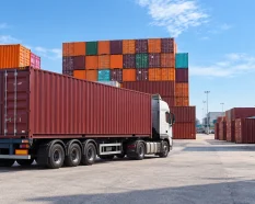 Camión transportando un contenedor desde un depósito con otras unidades preparadas para entregas escalonadas.