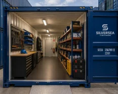 Contenedor de almacenaje SILVERSEA Containers organizado para acceso frecuente, con pasillo interior despejado y estanterías laterales