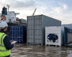 Contenedor de barco y contenedores marítimos comerciales en puerto industrial de España para ilustrar tipos de contenedores y su uso logístico