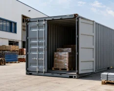 Contenedor dry van abierto con mercancía paletizada en una zona industrial para carga seca y almacenaje empresarial