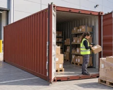 Operaria escaneando paquetes de devoluciones almacenados temporalmente en un contenedor junto a un centro logístico.