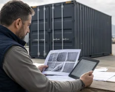 Persona revisando documentación y estado de un contenedor marítimo nuevo o usado en un patio logístico antes de la compra
