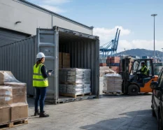 Contenedor marítimo usado como capacidad temporal para mercancía bloqueada en almacén o puerto con pallets y carretilla elevadora